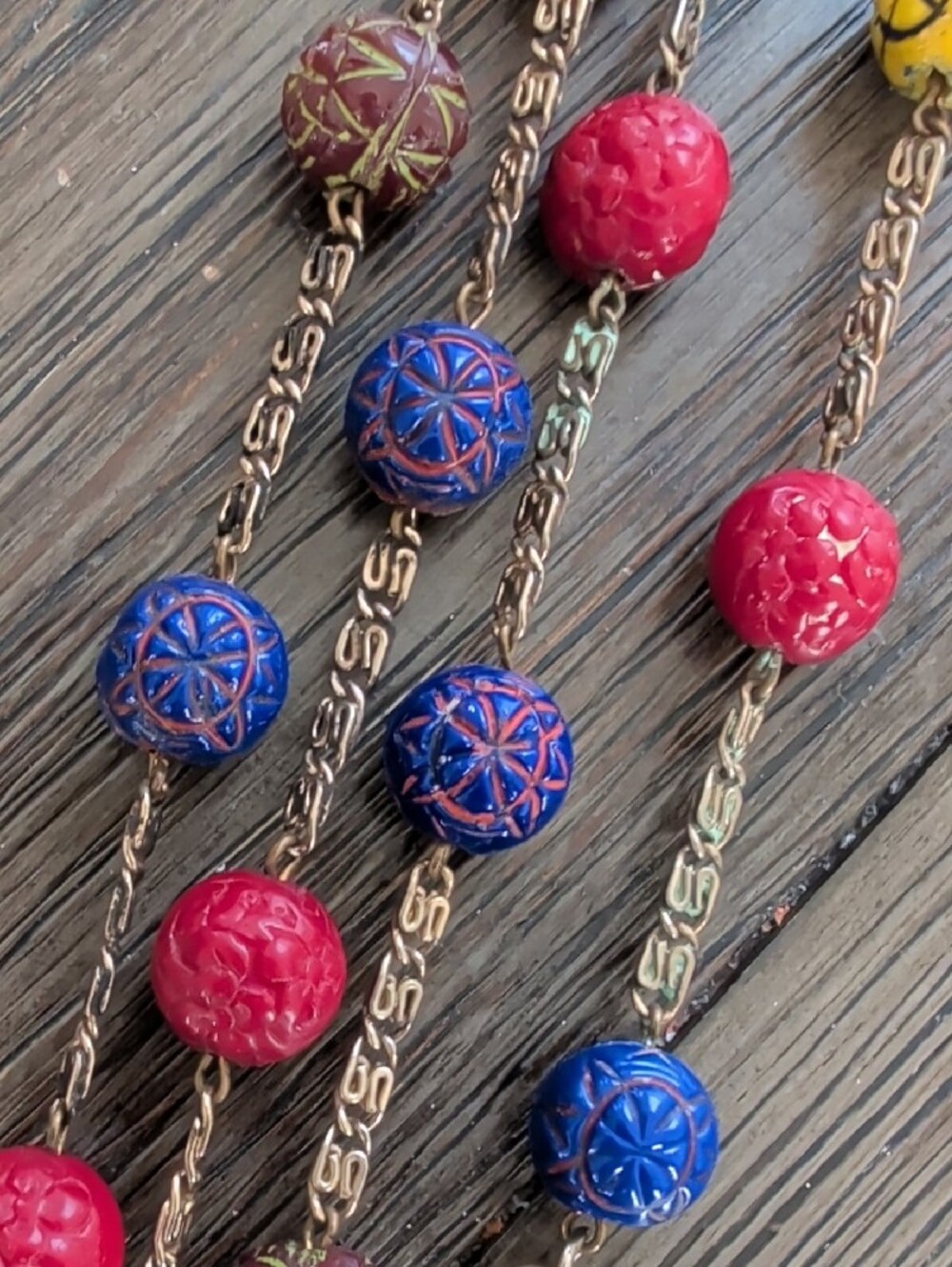 Long Vintage Molded Glass Multicolor Beaded Statement Necklace- Rare
